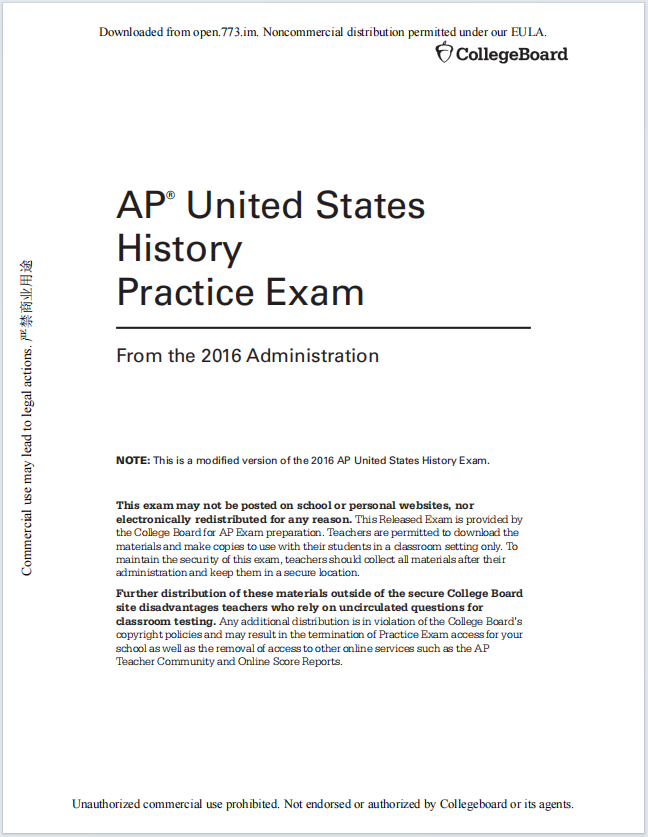 AP美国历史真题下载《AP United States History Practice Exam, From the 2016 Administration》