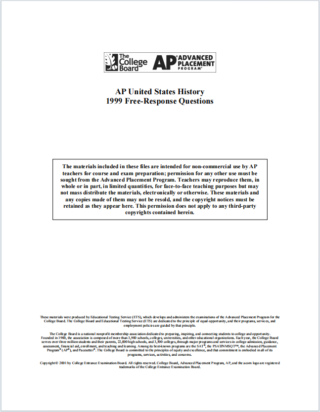 AP美国历史真题下载《AP United States History 1999 Free-Response Questions》