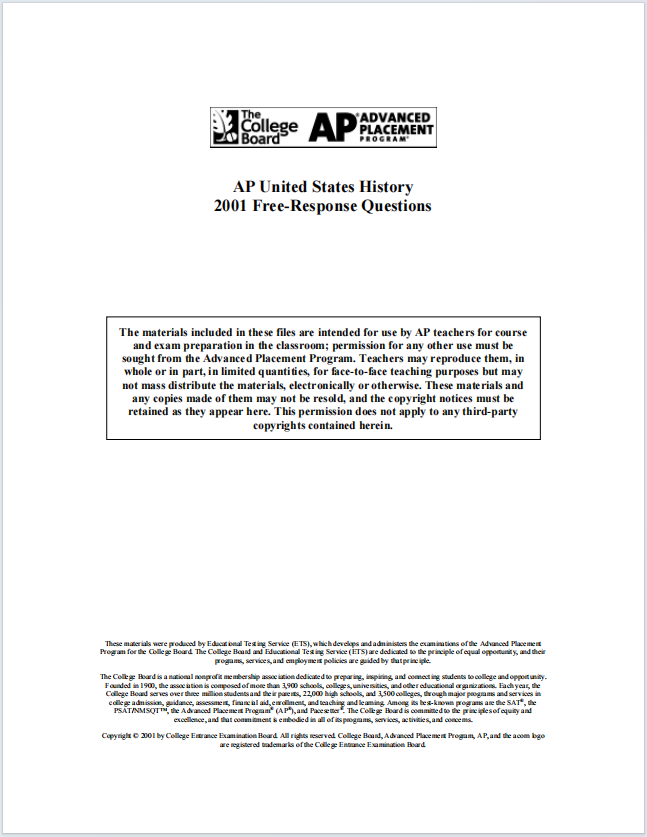 AP美国历史真题下载《AP United States History 2001 Free-Response Questions》