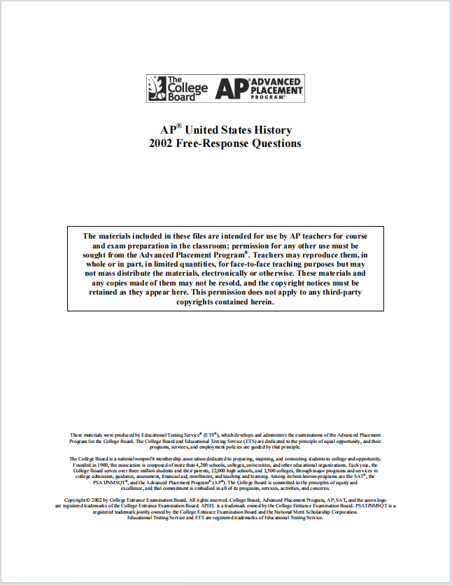 AP美国历史真题下载《AP United States History 2002 Free-Response Questions》
