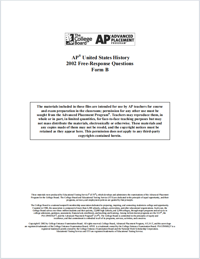 AP美国历史真题下载《AP United States History 2002 Free-Response Questions Form B》