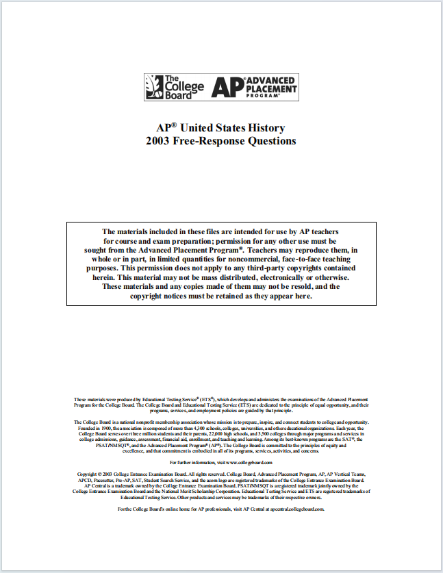 AP美国历史真题下载《AP United States History 2003 Free-Response Questions》