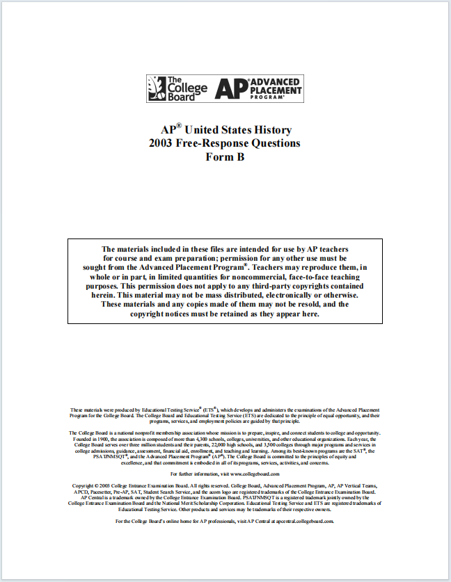AP美国历史真题下载《AP United States History 2003 Free-Response Questions Form B》