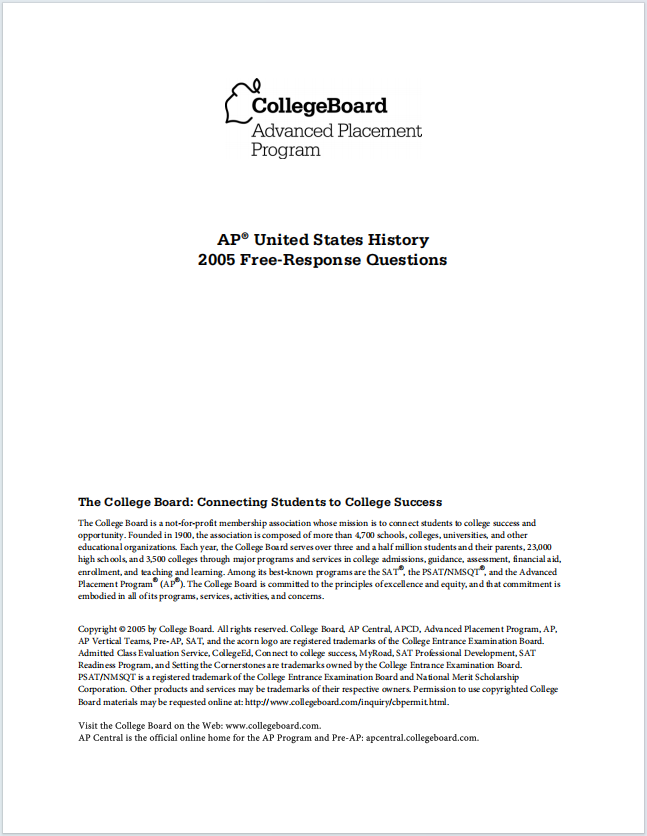 AP美国历史真题下载《AP United States History 2005 Free-Response Questions》