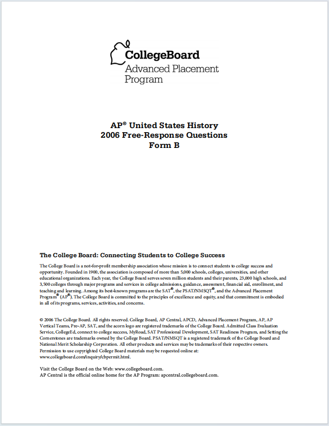 AP美国历史真题下载《AP United States History 2006 Free-Response Questions Form B》