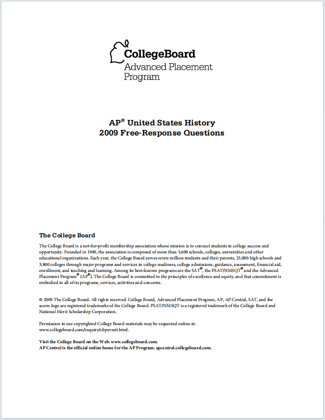 AP美国历史真题下载《AP United States History 2009 Free-Response Questions》