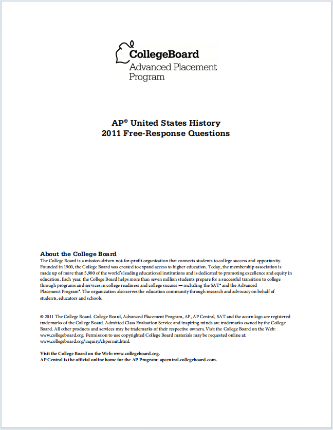 AP美国历史真题下载《AP United States History 2011 Free-Response Questions》
