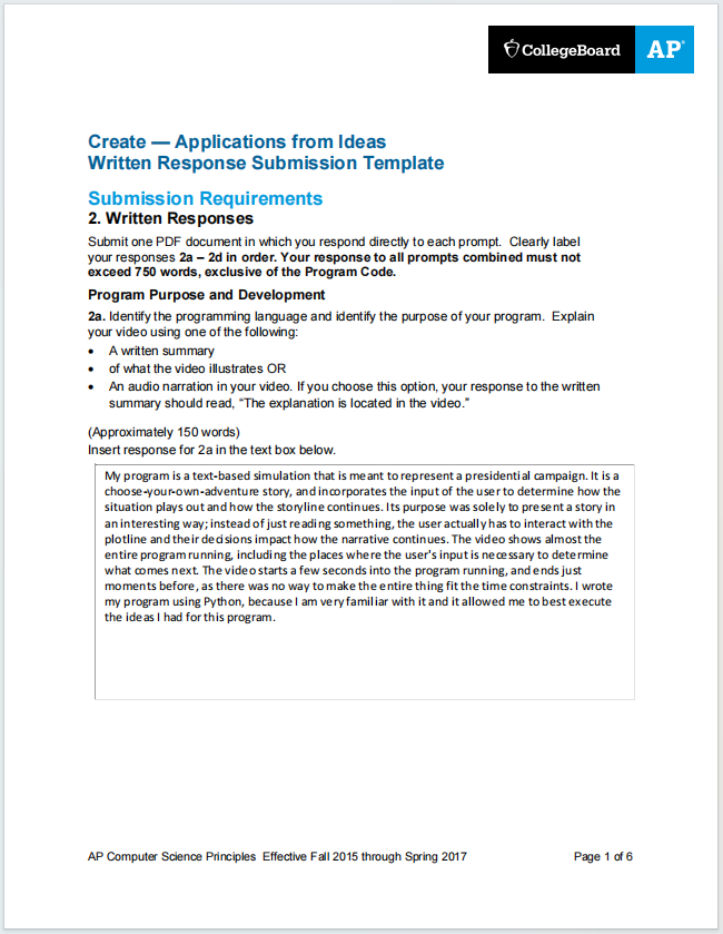 AP计算机科学原理真题下载《AP Computer Science Principles Create Performance Task Written Response Submission Template》