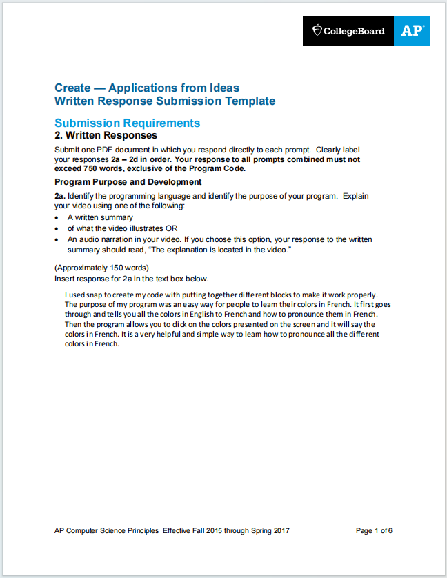 AP计算机科学原理真题下载《AP Computer Science Principles Create Performance Task Written Response Submission Template》