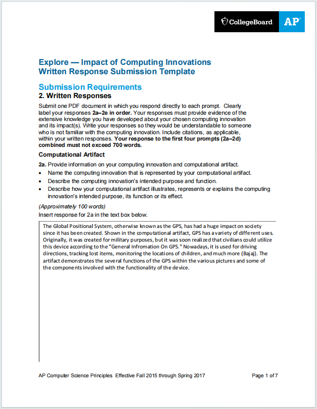 AP计算机科学原理真题下载《AP Computer Science Principles Explore Performance Task Written Response Submission Template》