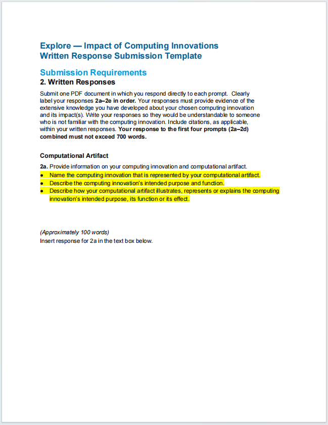 AP计算机科学原理真题下载《AP Computer Science Principles Explore Performance Task Written Response Submission Template》