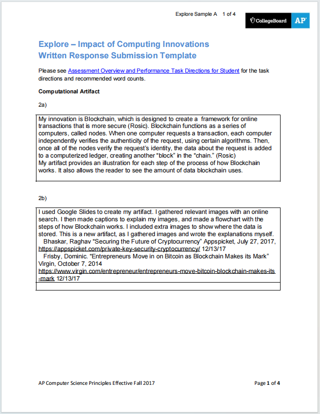 AP计算机科学原理2018真题下载《AP Computer Science Principles Explore Performance Task》