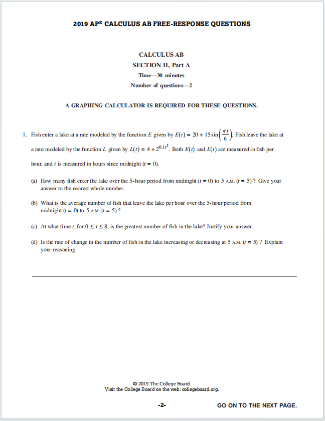 AP微积分2019真题下载《2019 AP Calculus AB Free-Response Question》
