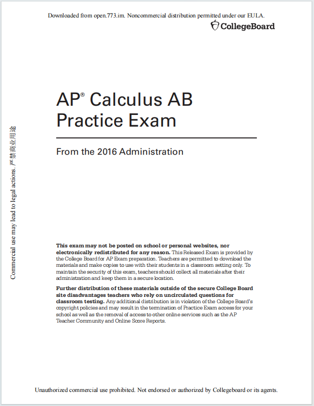 AP微积分2016年真题下载《AP Calculus AB Practice Exam From the 2016 Administration》