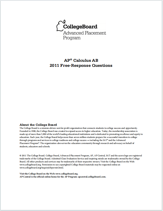 AP微积分2011年真题下载《AP® Calculus AB 2011 Free-Response Questions》