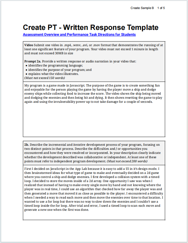 AP计算机科学原理真题下载《AP Computer Science Principles Create Performance Task Written Response Template》