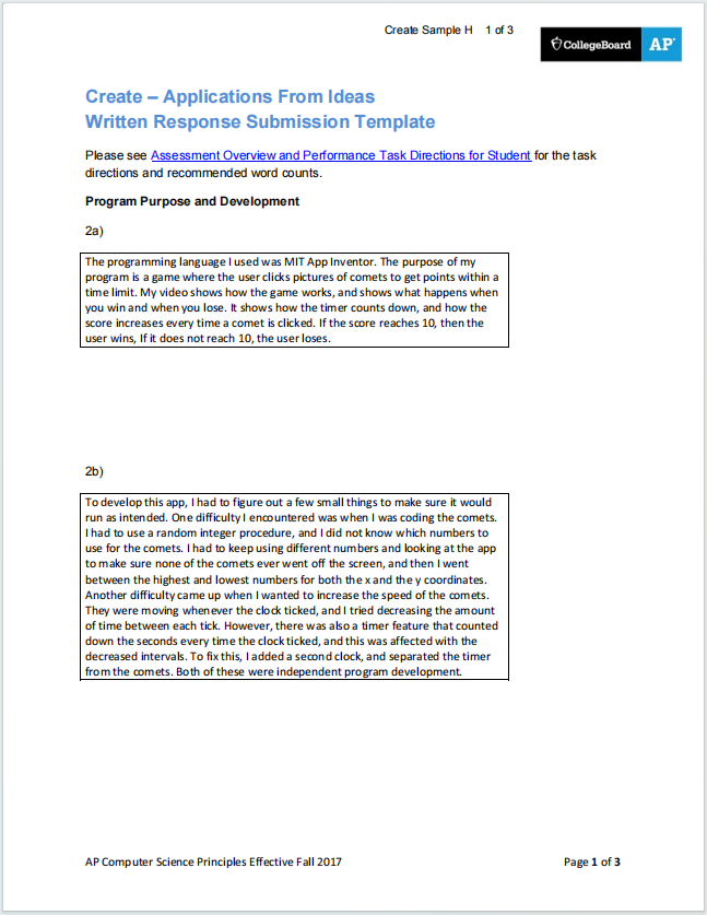 AP计算机科学原理真题下载《AP Computer Science Principles Create PT -Written Response Submission Template》