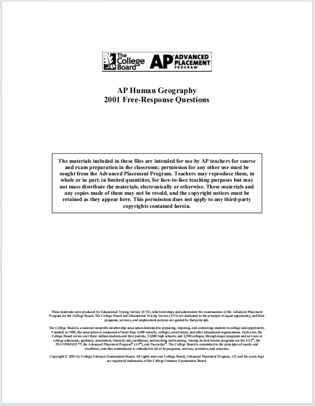 AP人文地理2001年真题下载《AP Human Geography 2001 Free-Response Questions》