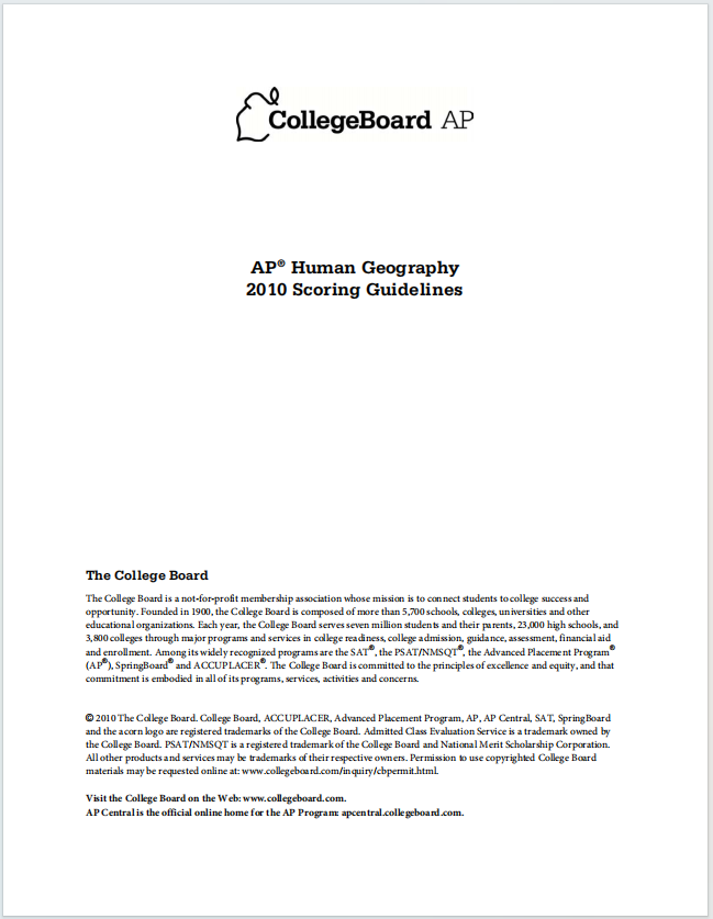 AP人文地理2010年真题下载《AP Human Geography 2010 Scoring Guidelines》