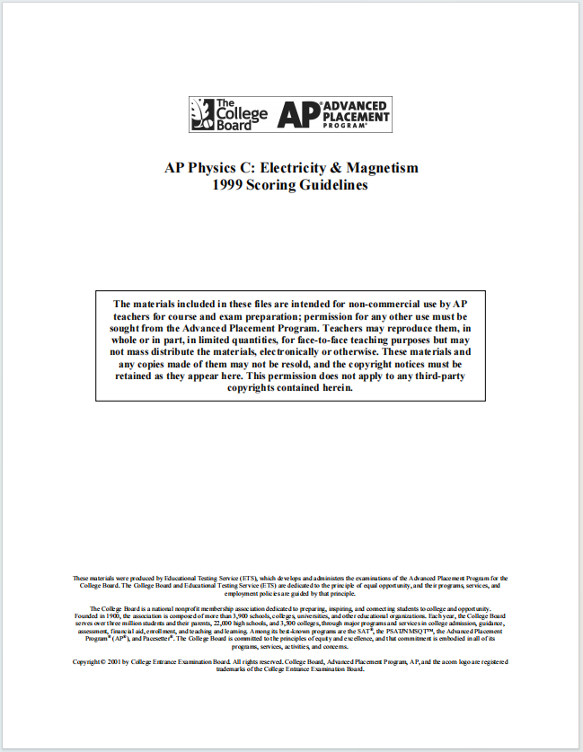 AP物理电学与磁学1999年真题下载《AP Physics C: Electricity & Magnetism 1999 Scoring Guidelines》