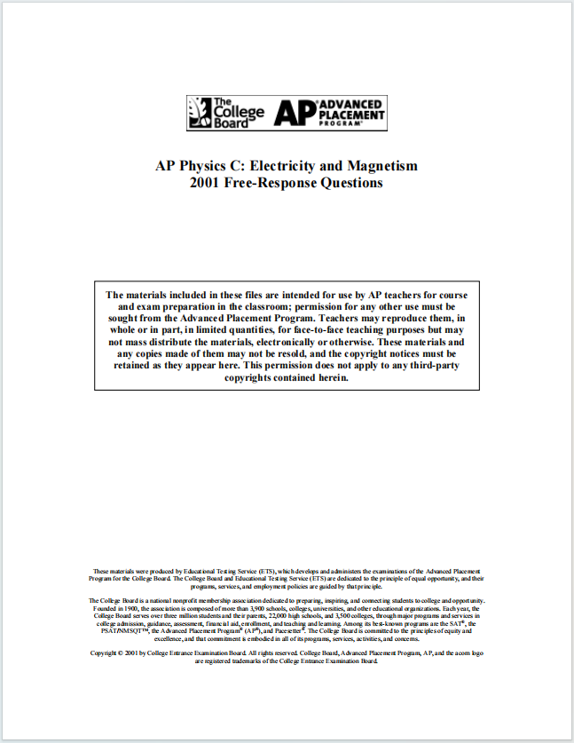 AP物理电学与磁学2001年真题下载《AP Physics C: Electricity & Magnetism 2001 Free-Response Questions》