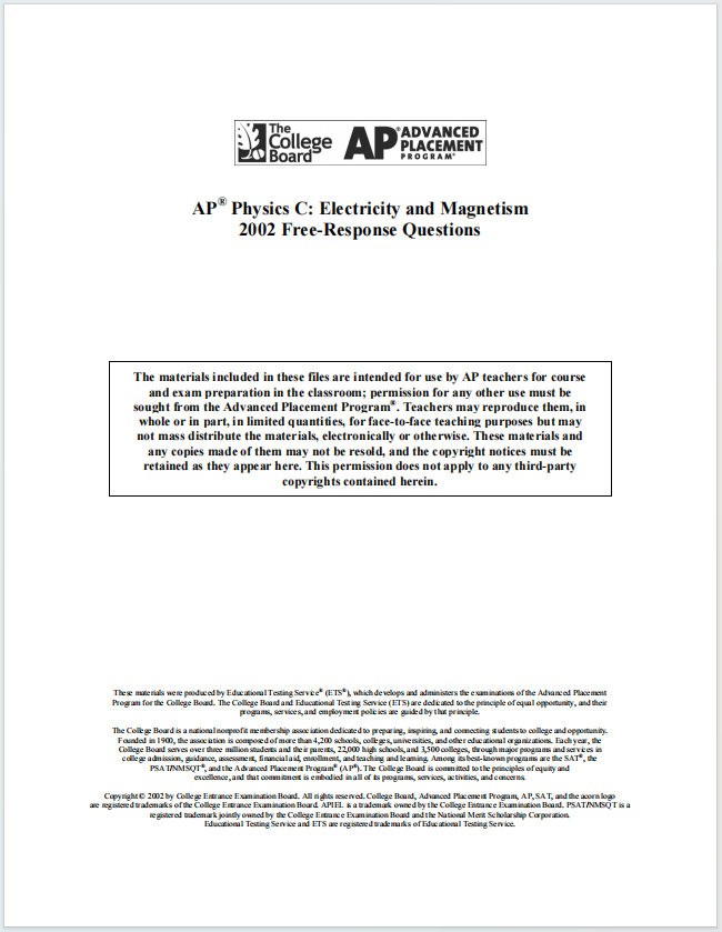 AP物理电学与磁学2002年真题下载《AP Physics C: Electricity & Magnetism 2002 Free-Response Questions》
