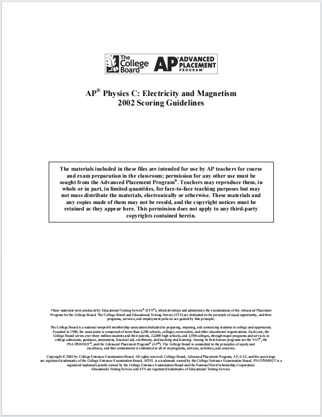 AP物理电学与磁学2002年真题下载《AP Physics C: Electricity & Magnetism 2002 Scoring Guidelines》