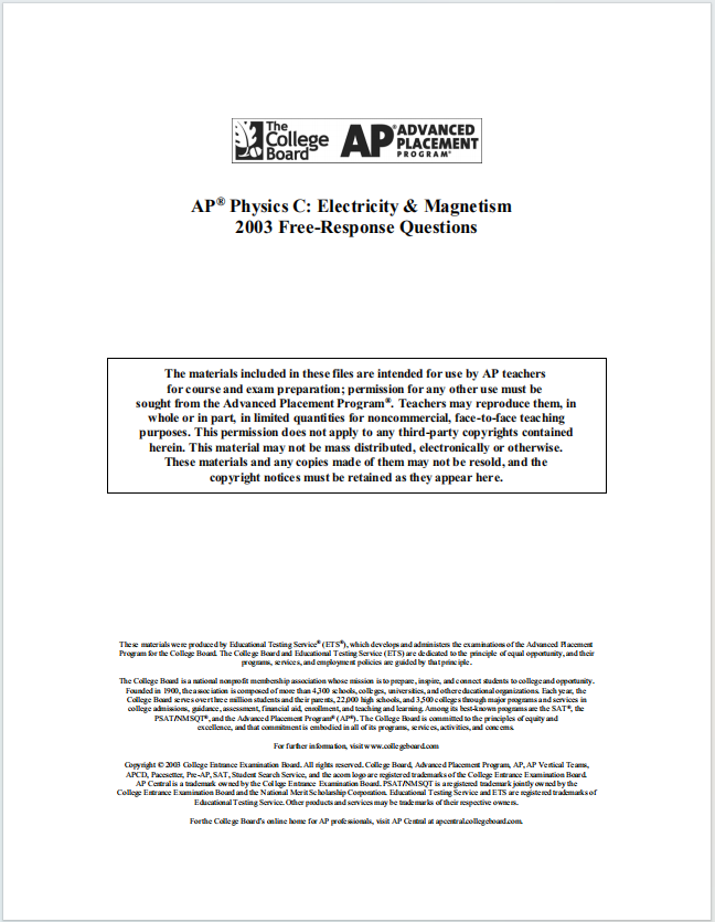 AP物理电学与磁学2003年真题下载《AP Physics C: Electricity & Magnetism 2003 Free-Response Questions》
