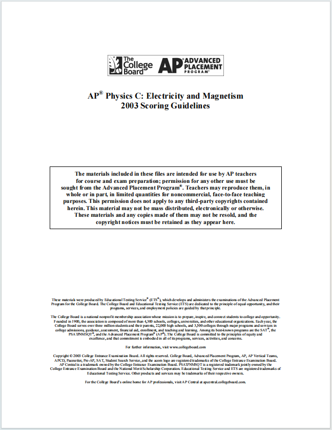 AP物理电学与磁学2003年真题下载《AP Physics C: Electricity & Magnetism 2003 Scoring Guidelines》