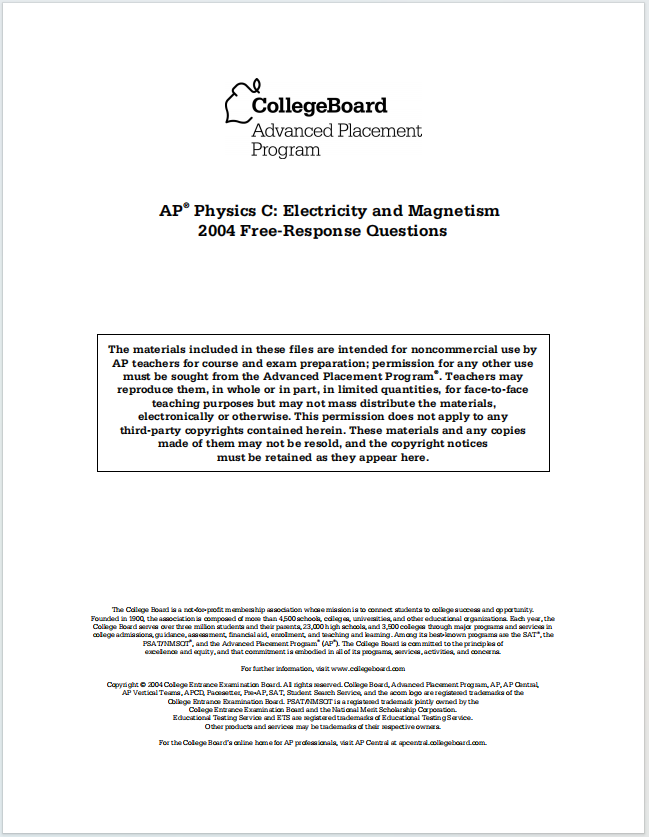 AP物理电学与磁学2004年真题下载《AP Physics C: Electricity & Magnetism 2004 Free-Response Questions》