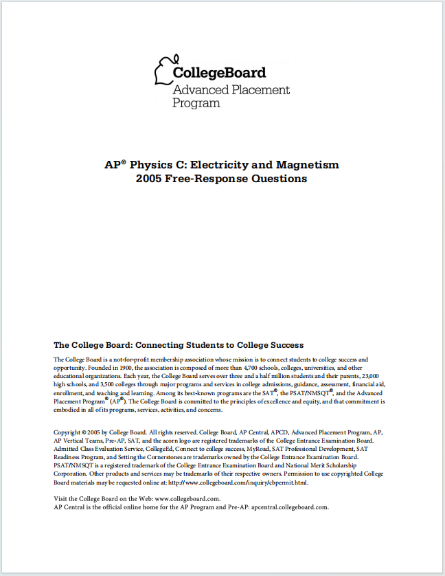 AP物理电学与磁学2005年真题下载《AP Physics C: Electricity & Magnetism 2005 Free-Response Questions》