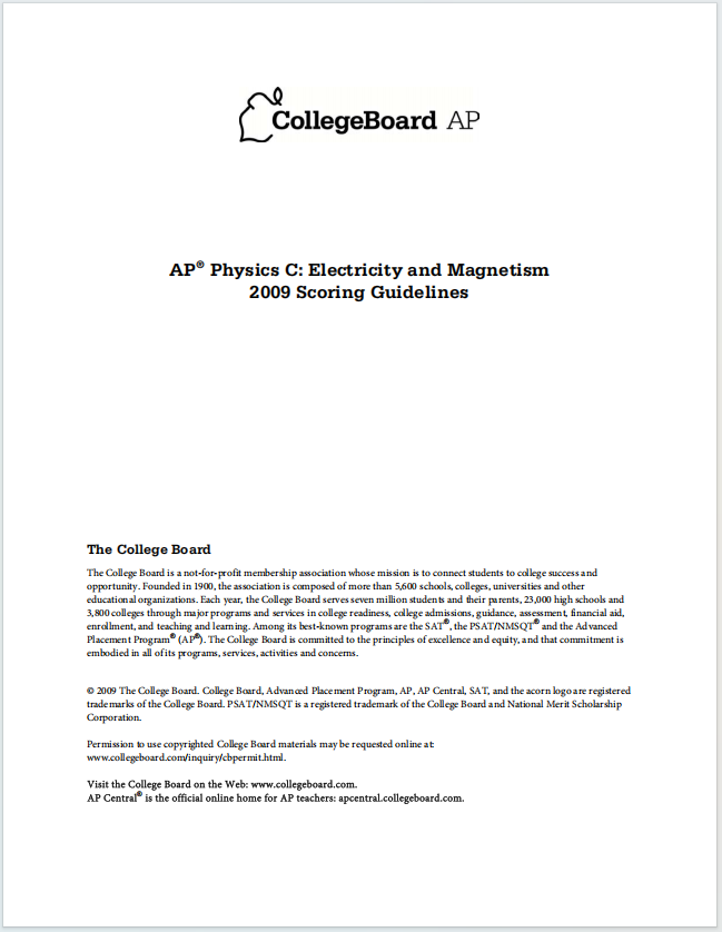 AP物理电学与磁学2009年真题评分准则下载《AP Physics C: Electricity and Magnetism 2009 Scoring Guidelines》