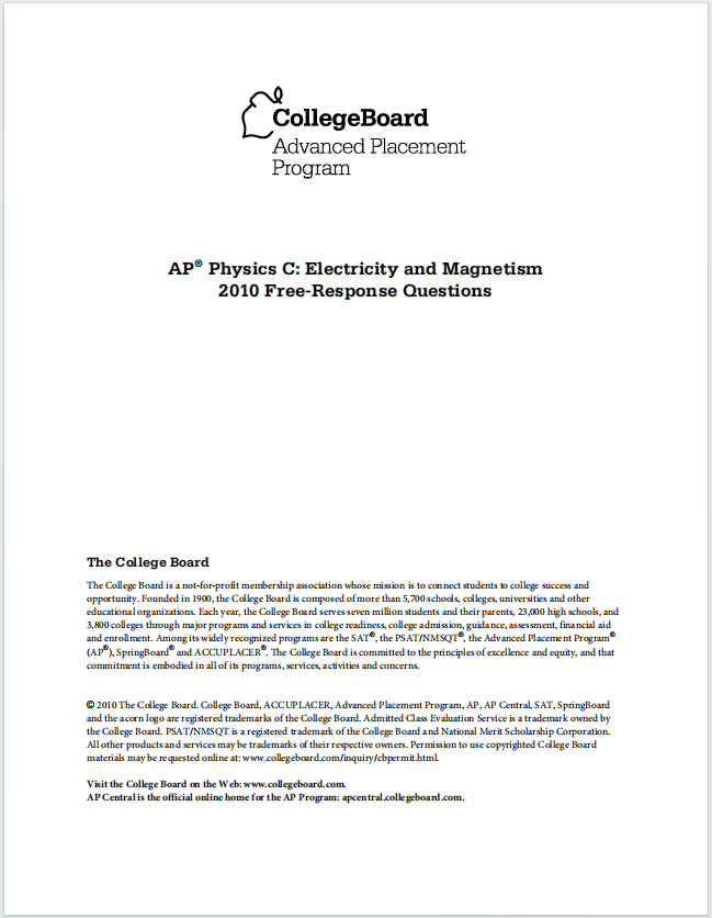 AP物理电学与磁学2010年真题下载《AP Physics C: Electricity and Magnetism 2010 Free-Response Questions》