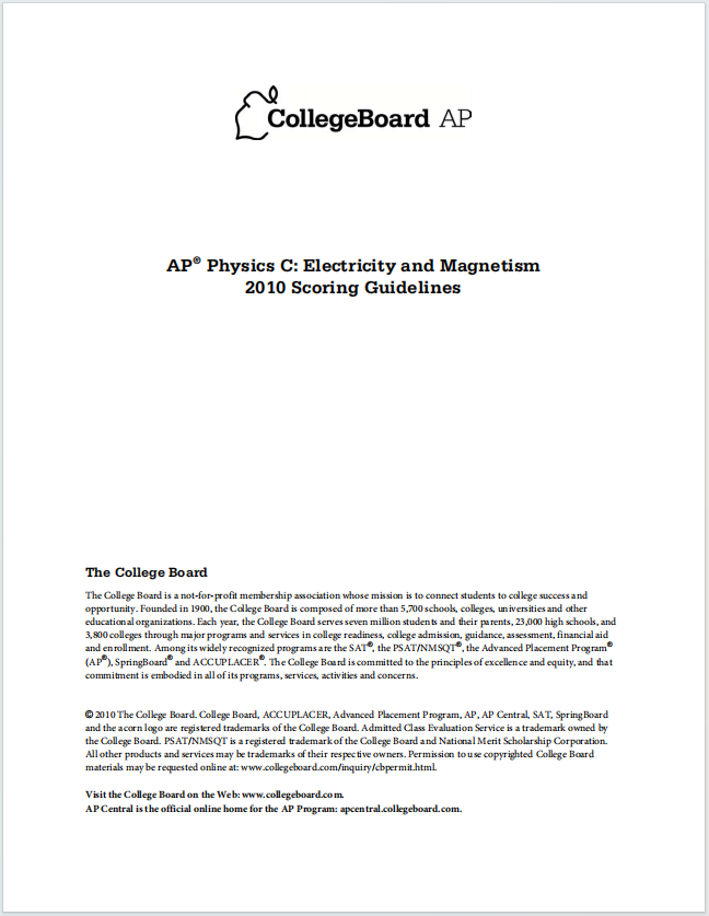 AP物理电学与磁学2010年真题评分准则下载《AP Physics C: Electricity and Magnetism 2010 Scoring Guidelines》
