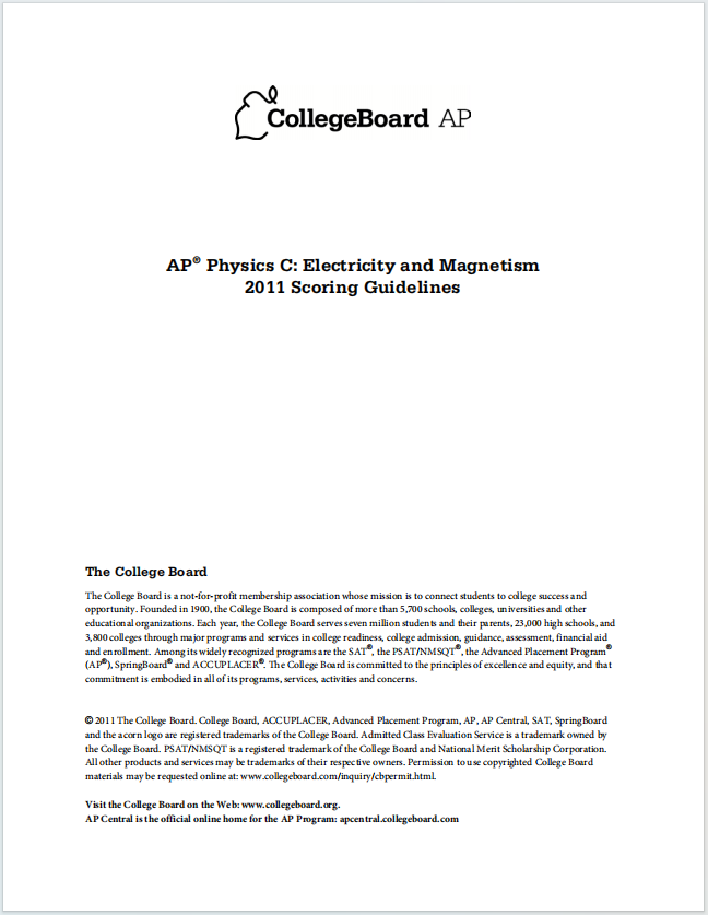 AP物理电学与磁学2011年真题评分准则下载《AP Physics C: Electricity and Magnetism 2011 Scoring Guidelines》