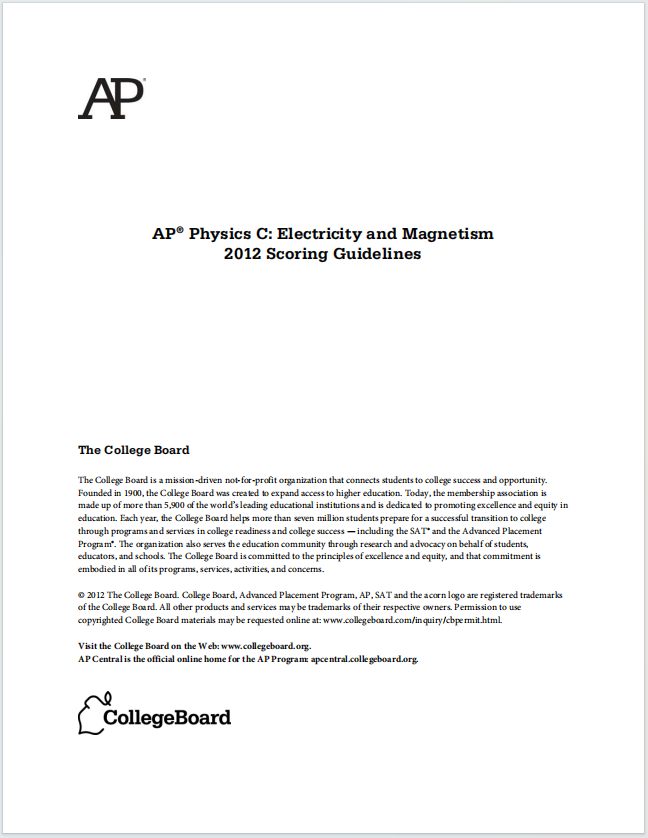 AP物理电学与磁学2012年真题评分准则下载《AP Physics C: Electricity and Magnetism 2012 Scoring Guidelines》