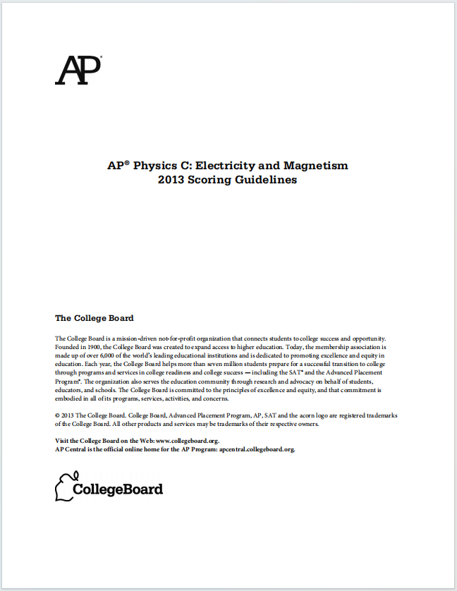 AP物理电学与磁学2013年真题评分准则下载《AP Physics C: Electricity and Magnetism 2013 Scoring Guidelines》