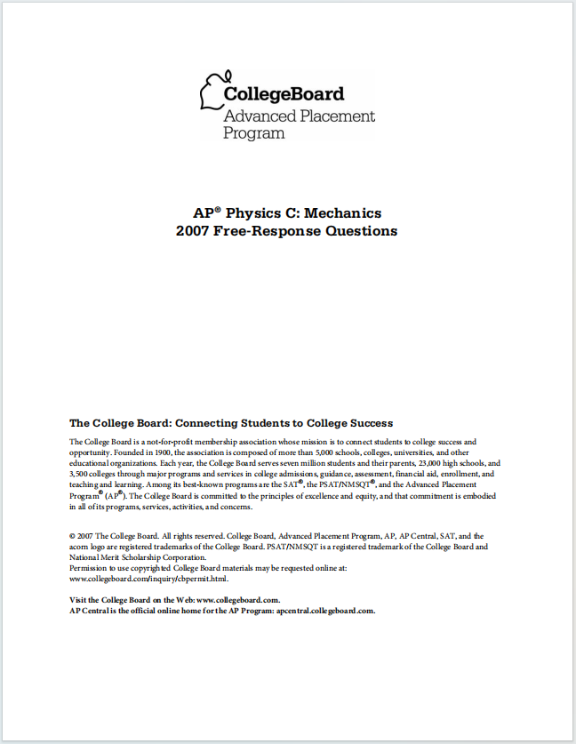 AP物理力学2007年自由回答题真题下载《AP Physics C: Mechanics 2007 Free-Response Questions》