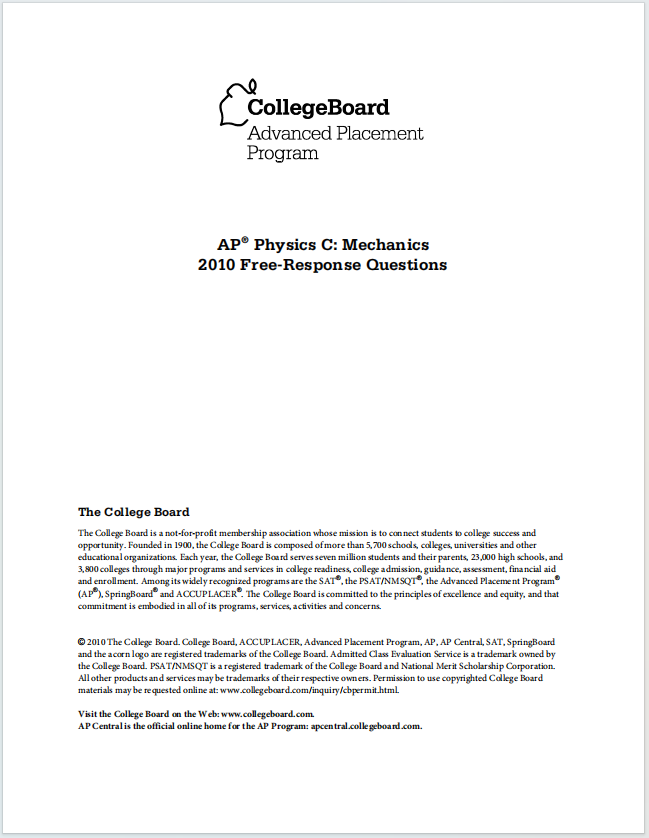 AP物理力学2010年自由回答题真题下载《AP Physics C: Mechanics 2010 Free-Response Questions》