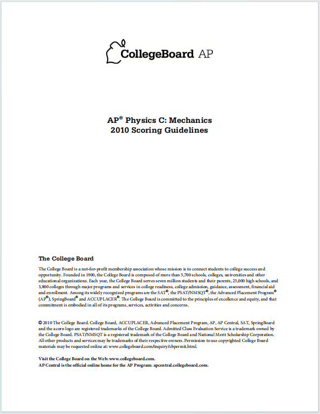 AP物理力学2010年真题评分指南下载《AP Physics C: Mechanics 2010 Scoring Guidelines》