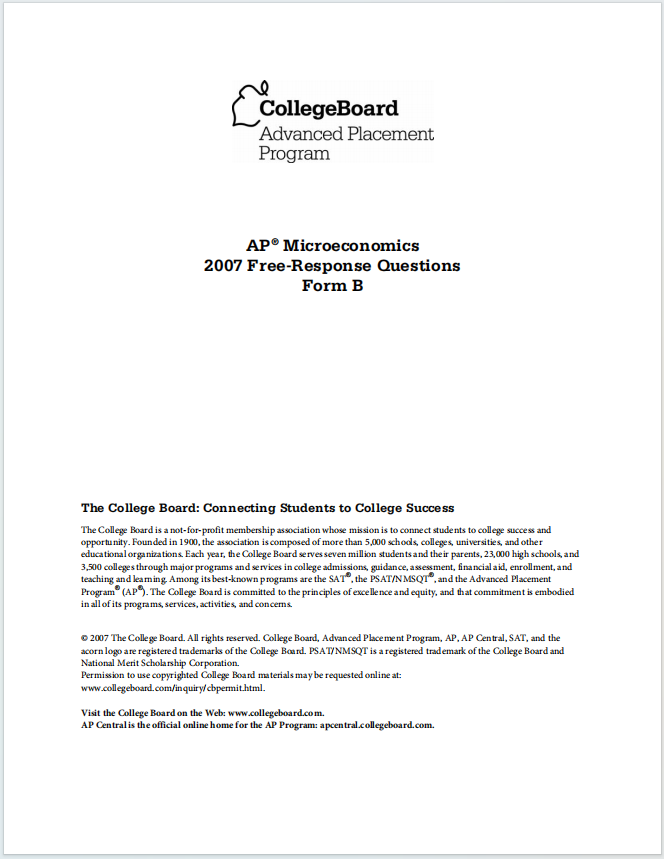 AP微观经济学2007年真题下载《AP Microeconomics 2007 Free-Response Questions Form B》