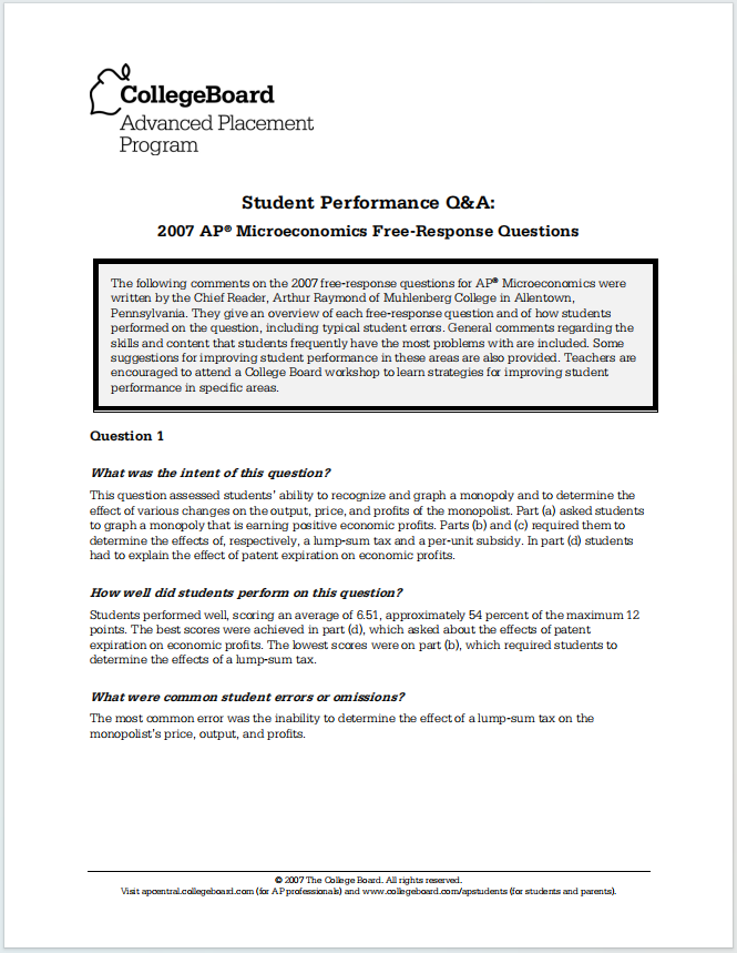 AP微观经济学2007年真题下载《AP Microeconomics 2007 Free-Response Questions Student Performance Q&A》