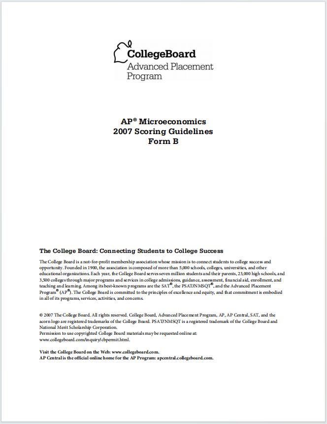 AP微观经济学2007年真题评分标准下载《AP Microeconomics 2007 Scoring Guidelines Form B》