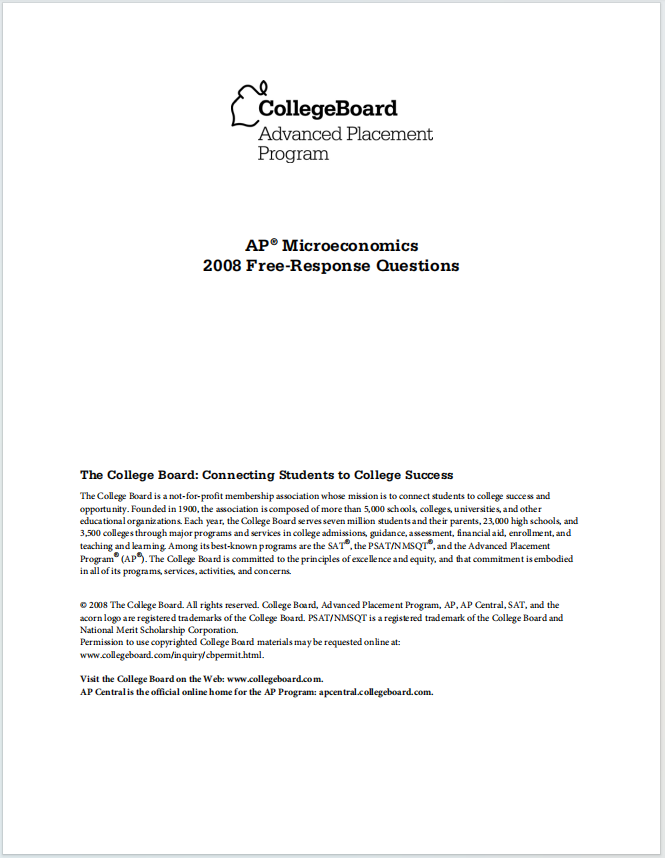 AP微观经济学2008年真题下载《AP Microeconomics 2008 Free-Response Questions》