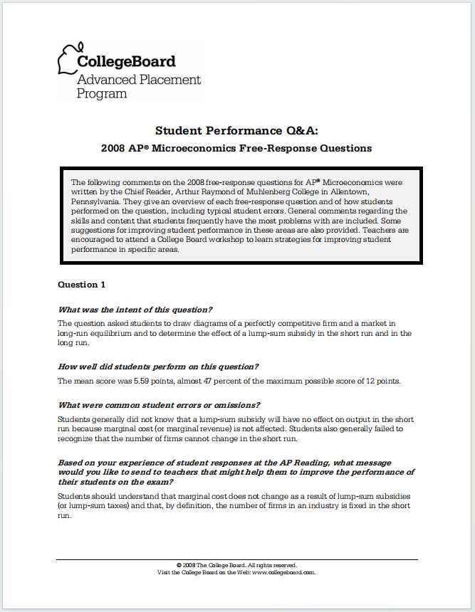 AP微观经济学2008年真题下载《AP Microeconomics 2008 Free-Response Questions Student Performance Q&A》