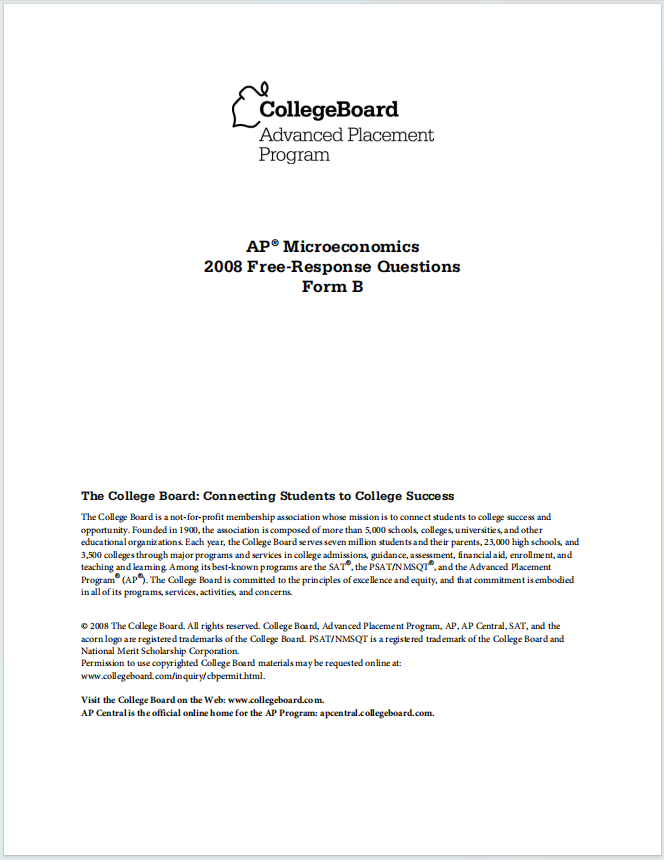 AP微观经济学2008年真题下载《AP Microeconomics 2008 Free-Response Questions Form B》