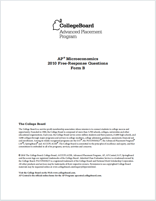 AP微观经济学2010年真题下载《AP Microeconomics 2010 Free-Response Questions Form B》