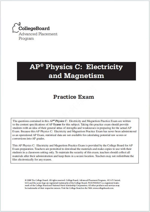 AP物理C电磁学2008年真题下载《AP Physics C: Electricity and Magnetism Practice Exam》